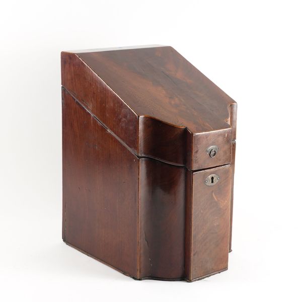 A LATE GEORGE III MAHOGANY SERPENTINE SLOPE FRONT KNIFE BOX