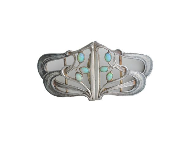 A SILVER AND OPAL TWO PIECE ART NOUVEAU WAISTBELT BUCKLE