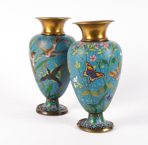 ELKINGTON & CO.: A PAIR OF VICTORIAN AESTHETIC MOVEMENT ENAMEL VASES (2)
