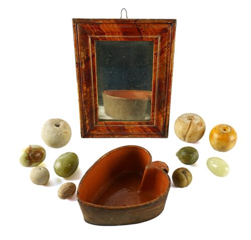 A GROUP OF PAINTED ALABASTER FRUIT WITH A TERRACOTTA HEART SHAPED BOWL (QTY)