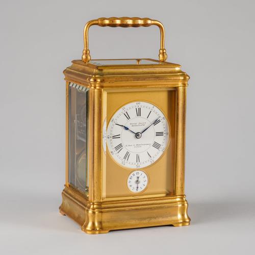 A FINE FRENCH GILT BRASS GRANDE SONNERIE STRIKING AND REPEATING GORGE CASED CARRIAGE CLOCK