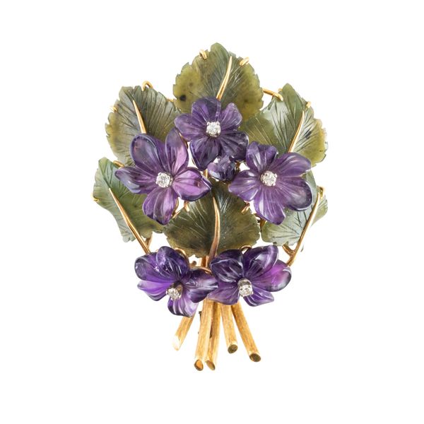 A NEPHRITE, AMETHYST AND DIAMOND CARVED FLORAL BROOCH