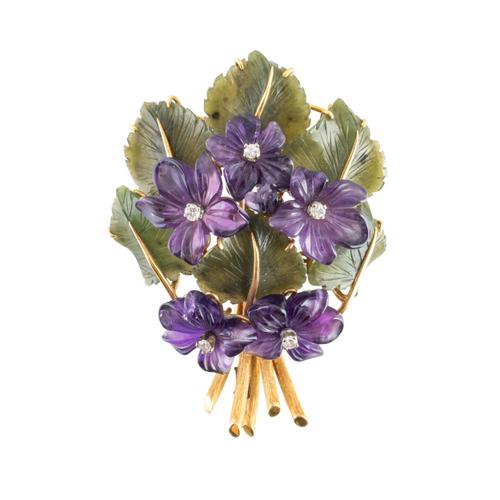 A NEPHRITE, AMETHYST AND DIAMOND CARVED FLORAL BROOCH