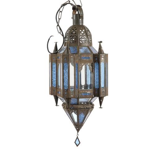 A GROUP OF THREE MOROCCAN OCTAGONAL SHEET METAL AND GLASS HANGING LANTERNS (3)