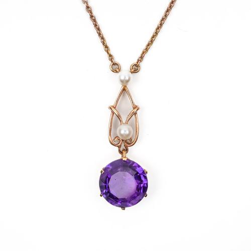 A 9CT GOLD, AMETHYST AND CULTURED PEARL PENDANT NECKLACE