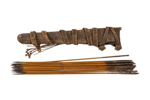 A PERSIAN EMBROIDERED QUIVER WITH NINETEEN ARROWS