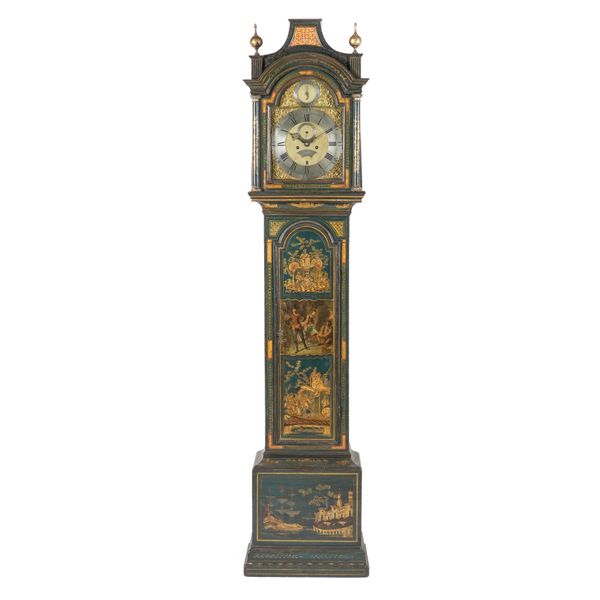 A GEORGE III PARCEL-GILT CHINOISERIE DECORATED MARINE-BLUE LACQUER LONGCASE CLOCK