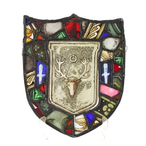 TWO STAINED AND LEADED GLASS HERALDIC STYLE PANELS (2)