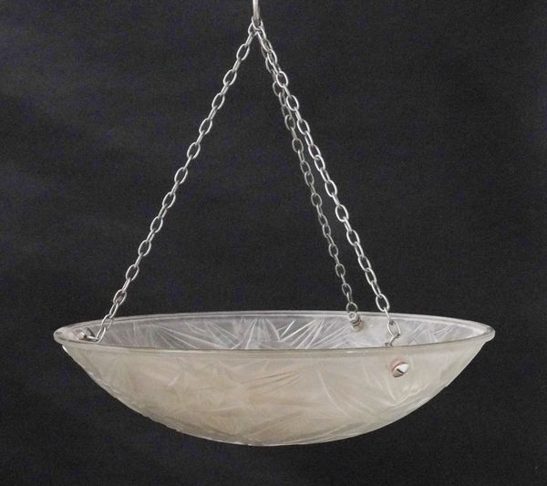 A FRENCH FROSTED MOULDED GLASS HANGING DISH LIGHT