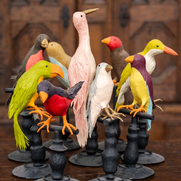 LES FARFELUS FARFADETS, A GROUP OF NINE PAPIER MACHE MODELS OF BIRDS