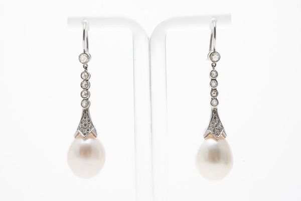 A PAIR OF DIAMOND AND SINGLE CULTURED PEARL DROP EARRINGS (3)