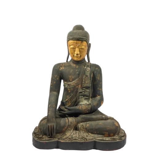 A VERY LARGE CARVED AND PARCEL-GILT WOOD FIGURE OF BUDDHA