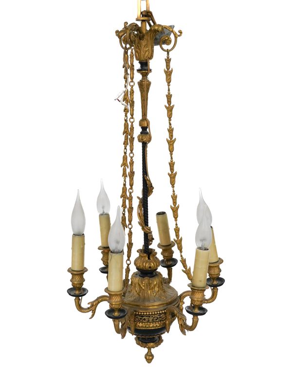 AN EMPIRE STYLE GILT-METAL MOUNTED BRONZE SIX LIGHT CHANDELIER
