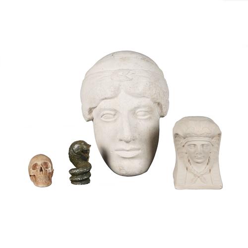 A GROUP OF PLASTER, ALABASTER AND MARBLE ITEMS INCLUDING A PLASTER FEMALE WALL MASK (8)