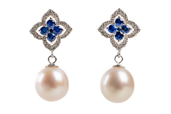 A PAIR OF PEARL, SAPPHIRE AND DIAMOND EARRINGS (2)