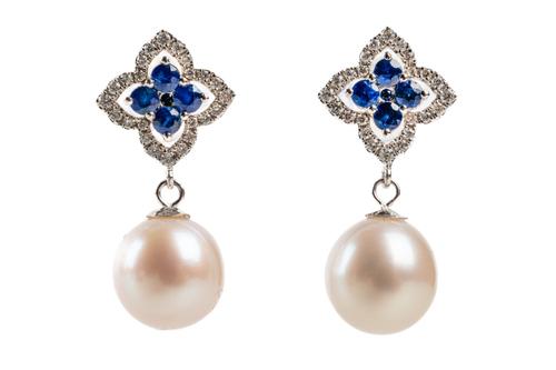 A PAIR OF PEARL, SAPPHIRE AND DIAMOND EARRINGS (2)