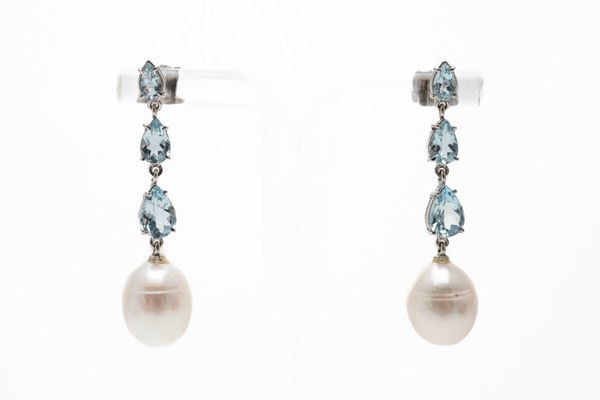 A PAIR OF AQUAMARINE AND PEARL DROP EARRINGS (2)