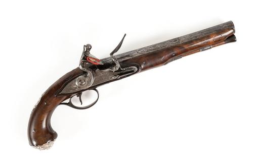A SILVER-MOUNTED FLINTLOCK HOLSTER PISTOL BY CLARKSON OF LONDON
