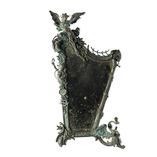 A NORTH EUROPEAN ‘BELLE EPOQUE’ BRONZE LYRE SHAPED DRESSING TABLE MIRROR
