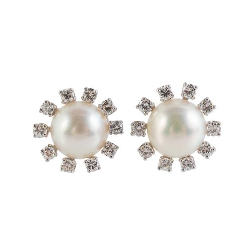 A PAIR OF PEARL AND DIAMOND EARRINGS