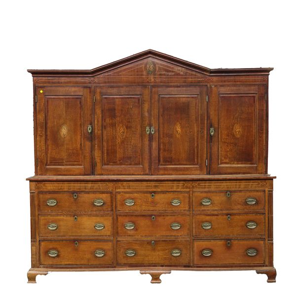 A GEORGE III INLAID OAK AND MAHOGANY HOUSEKEEPER'S CUPBOARD