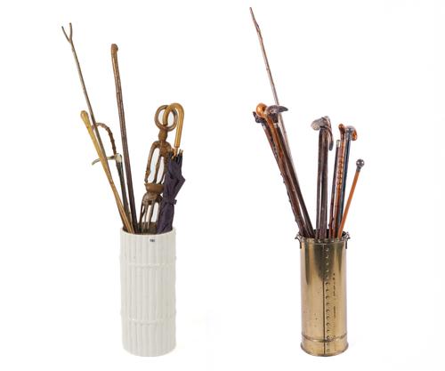 A RIVETTED BRASS WALKING STICK STAND AND A FAUX BAMBOO EXAMPLE WITH VARIOUS WALKING STICKS (22)