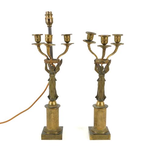 A PAIR OF FRENCH EMPIRE STYLE GILT BRASS THREE LIGHT CANDELABRA ADAPTED TABLE LAMPS (2)