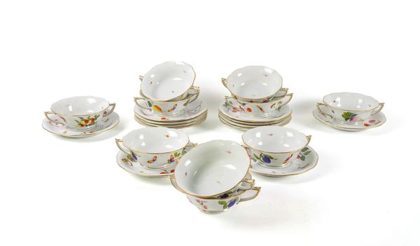 TWELVE HEREND `MARKET GARDEN' PATTERN TWO-HANDLED SOUP BOWLS AND STANDS (24)