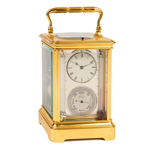 A RARE FRENCH GILT-BRASS STRIKING AND REPEATING CARRIAGE CLOCK WITH BAROMETER AND THERMOMETERS