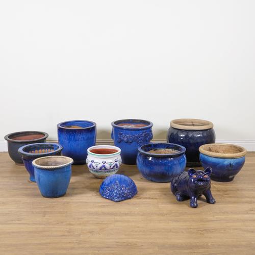 A GROUP OF EIGHT BLUE GLAZED GARDEN POTS (10)