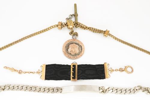 A 9CT GOLD MOUNTED BLACK MOIRE RIBBON FOB STRAP AND TWO FURTHER ITEMS (3)