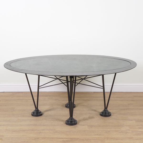 INNES FERGUSONN; 20TH CENTURY METAL OVAL TABLE WITH SLATE INSET TOP