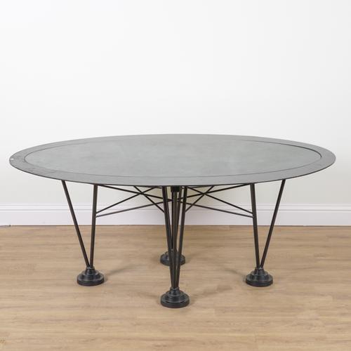 INNES FERGUSONN; 20TH CENTURY METAL OVAL TABLE WITH SLATE INSET TOP