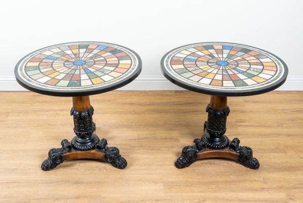 A PAIR OF GRAND TOUR REVIVAL SPECIMEN MARBLE TOPPED CIRCULAR OCCASIONAL TABLES (2)