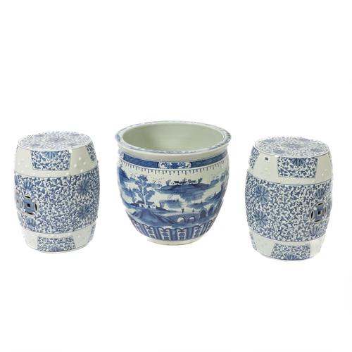 A PAIR OF CHINESE BLUE AND WHITE BARREL SHAPED GARDEN SEATS (3)