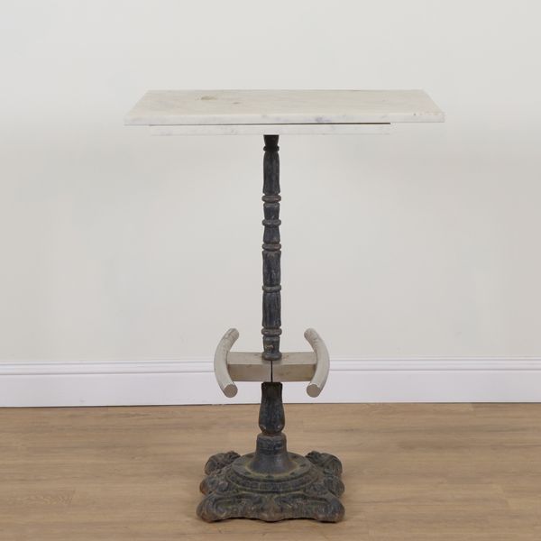A SET OF THREE MARBLE TOPPED HIGH PATIO TABLES (14)