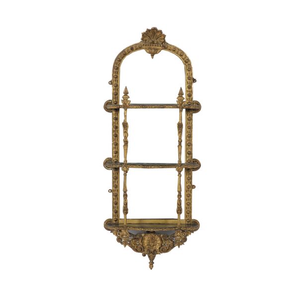 A VICTORIAN GILT FRAMED THREE TIER MIRRORED WALL SHELF