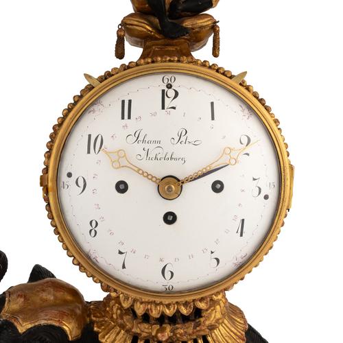 AN IMPRESSIVE AUSTRO/HUNGARIAN GILTWOOD AND EBONISED QUARTER STRIKING ELEPHANT CLOCK WITH CALENDAR