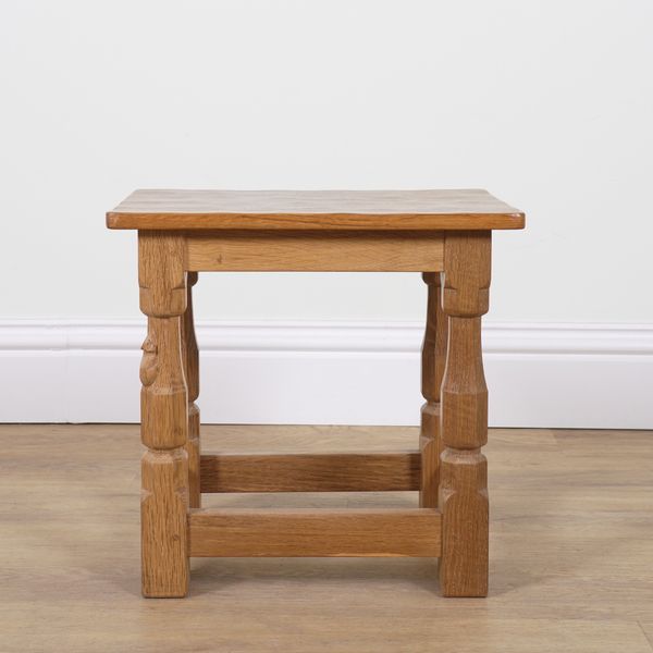 ROBERT MOUSEMAN THOMPSON OF KILBURN; AN OAK ADZED TOPPED RECTANGULAR STOOL