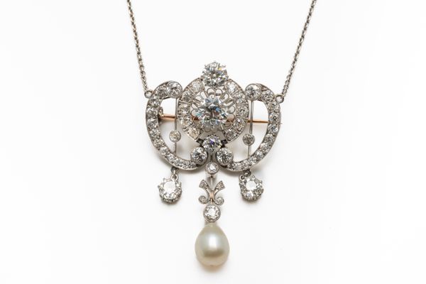 A DIAMOND AND PEARL PENDANT BROOCH