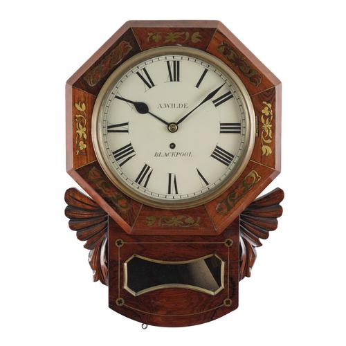 A VICTORIAN ROSEWOOD AND CUT-BRASS INLAID 10IN DROP DIAL WALL CLOCK