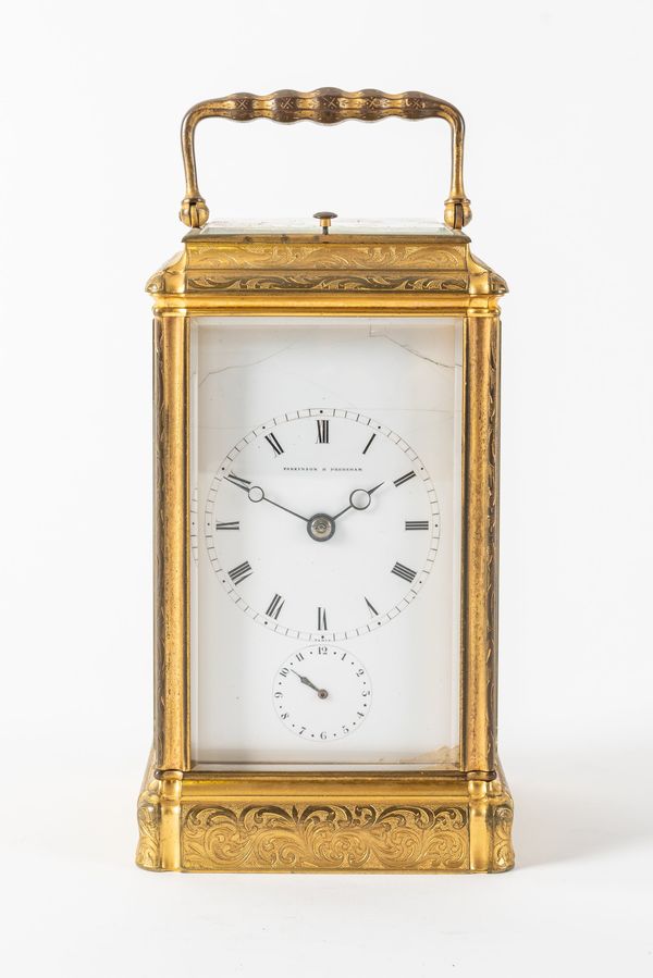 A FRENCH ENGRAVED GILT BRASS GORGE CASED STRIKING AND REPEATING CARRIAGE CLOCK