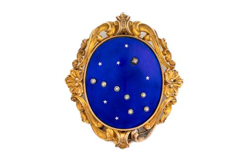 A MID 19TH CENTURY PEARL, DIAMOND AND ENAMEL CONSTELLATION PENDANT BROOCH (2)