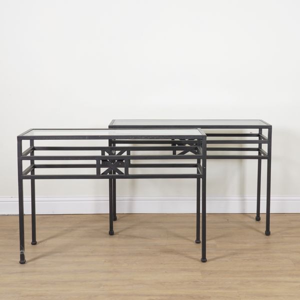 A PAIR OF FAUX BRONZE METAL FRAMED RECTANGULAR CONSOLE TABLES (2)