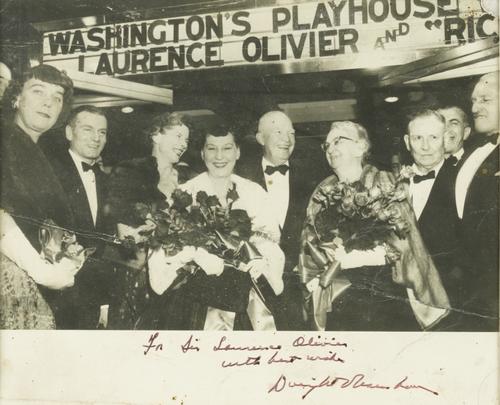 EISENHOWER, Dwight (1890-1969). A monochrome photograph of Dwight Eisenhower and Laurence Olivier, 275 x 335mm., framed and glazed, [undated, but c.1956]. INSCRIBED beneath the image, "For Sir Laurence Olivier with best wishes, Dwight Eisenhower."