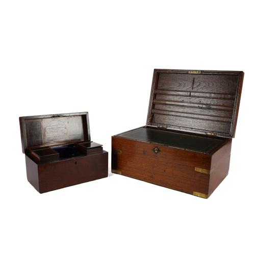 A BRASS MOUNTED TEAK PORTABLE WRITING BOX TOGETHER WITH A MAHOGANY TEA CADDY (2)