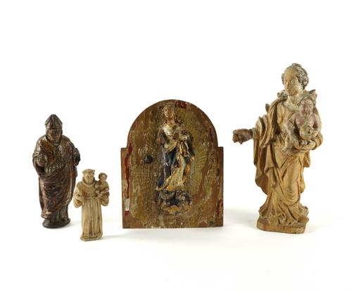 A EUROPEAN CARVED POLYCHROME MOTHER AND CHILD SCULPTURE AND THREE OTHERS (4)
