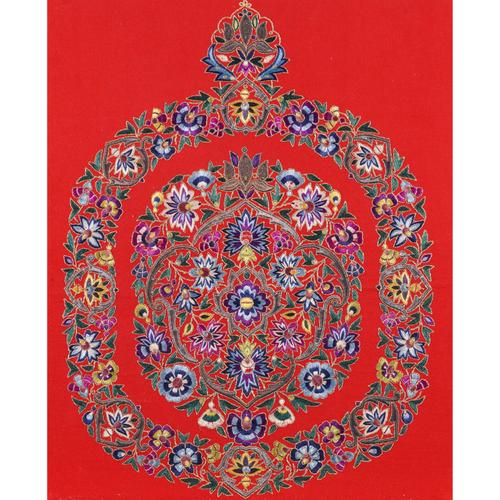 A SWISS SILK AND METAL THREAD EMROIDERED PANEL