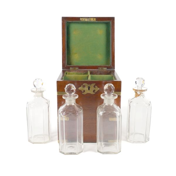 A VICTORIAN BRASS BOUND MAHOGANY DECANTER BOX (5)