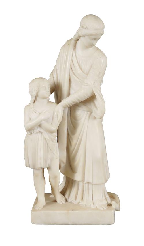 AN ITALIAN ALABASTER SCULPTURAL GROUP OF A MOTHER AND CHILD WITH SERPENT